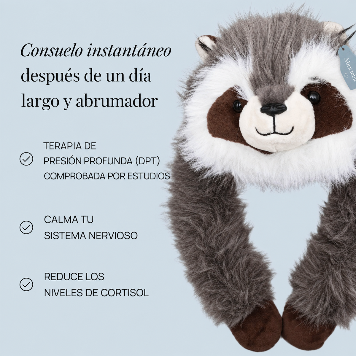 Roki el Mapache, peluche con peso y brazos largos de Abrazelia, imagen 7