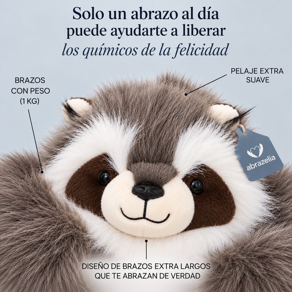 Roki el Mapache, peluche con peso y brazos largos de Abrazelia, imagen 11